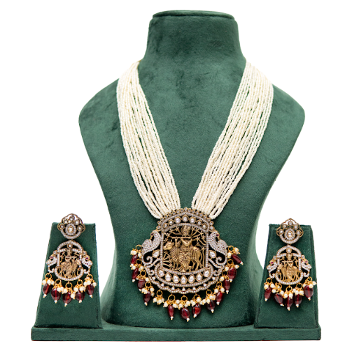 UffbyIsha Pearl Temple Bridal Long Necklace Set